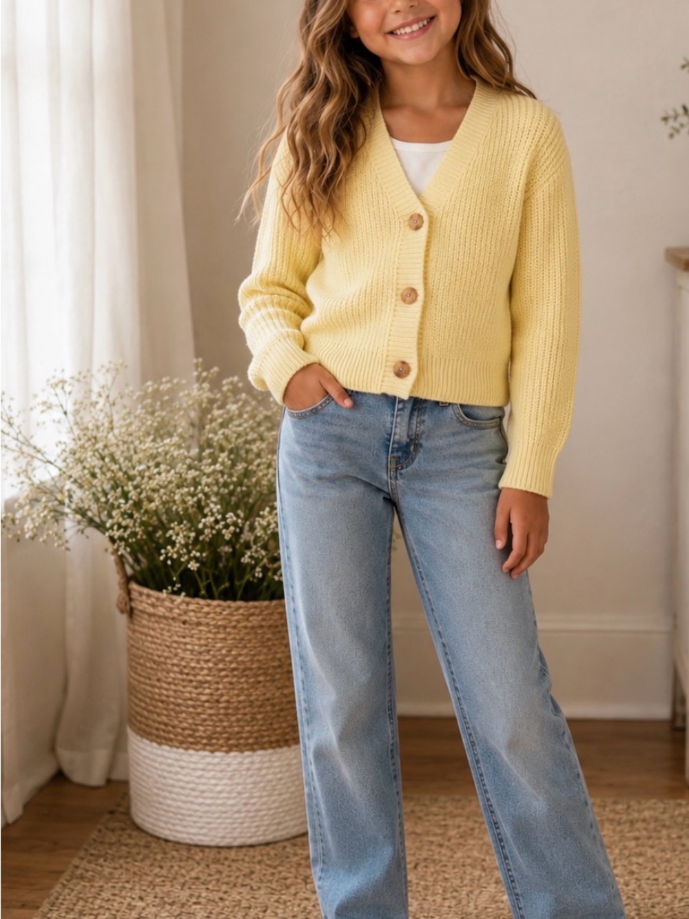 Girls' neon Yellowish V-Neck Button Cardigan Sweater